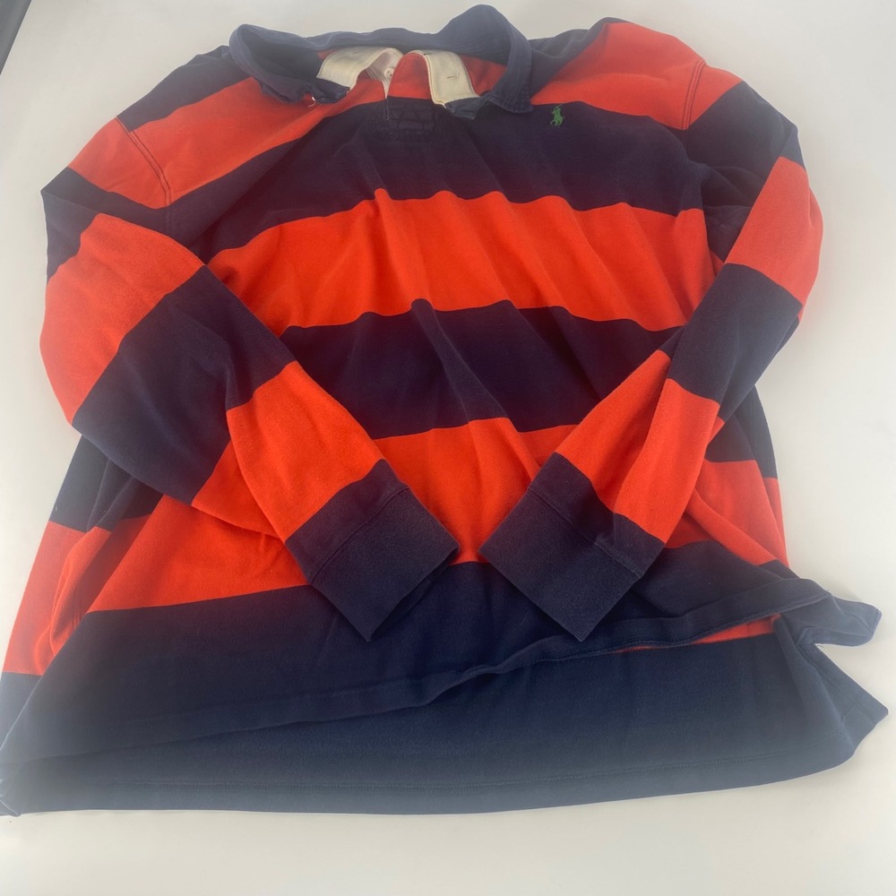 Polo Ralph Lauren Rugby Shirt Mens 3LT Tall Navy Blue Orange Striped Long Sleeve